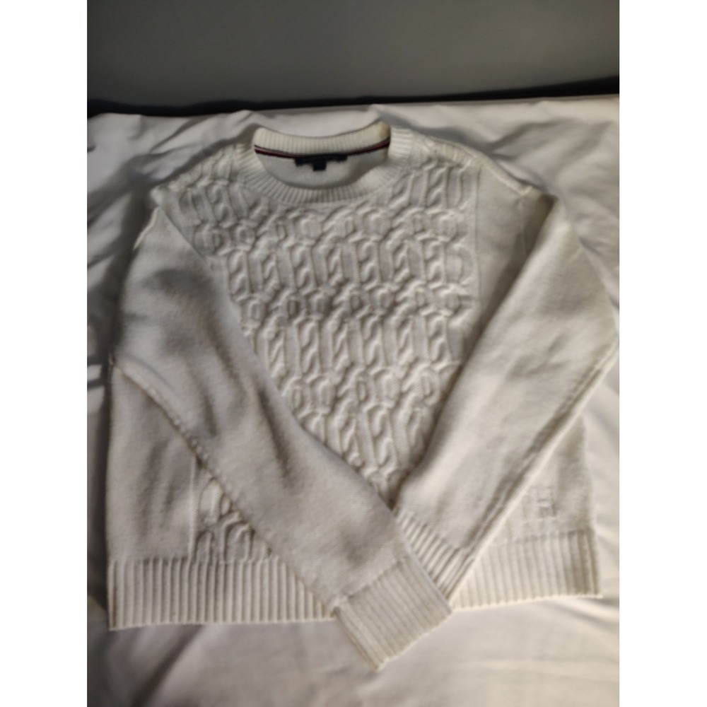 Tommy Hilfiger Womens White Cable Knit Crewneck Sweater Small Logo Trim 903